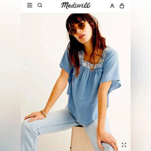 NWT Madewell Blue Top- Floral Embroidered -Large- SOLD OUT!